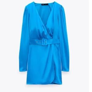Zara Blue Belted Satin Effect Dress Medium NWT 8342/427‎